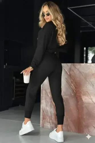 Women's Long Sleeve V Neck Viscose Two Thread Blouse and Pants Set - 2