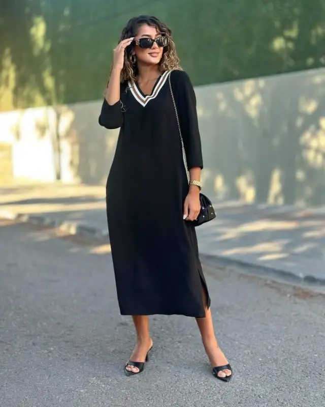 Women's Long Sleeve V-neck Viscose Two Thread Dress - BÜYÜKBEDENIZ