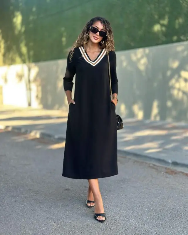 Women's Long Sleeve V-neck Viscose Two Thread Dress - 2