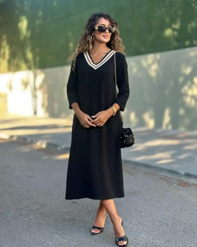 Women's Long Sleeve V-neck Viscose Two Thread Dress - 3