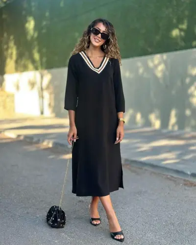 Women's Long Sleeve V-neck Viscose Two Thread Dress - 4