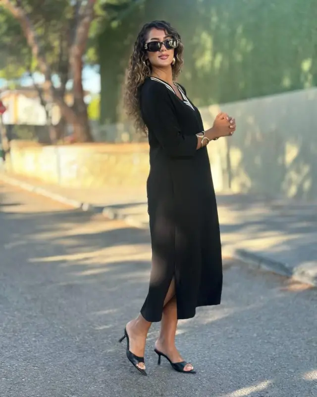 Women's Long Sleeve V-neck Viscose Two Thread Dress - 5