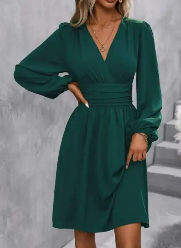 Women's Long Sleeve V-Neck Waist Corset Mini Dress - 1