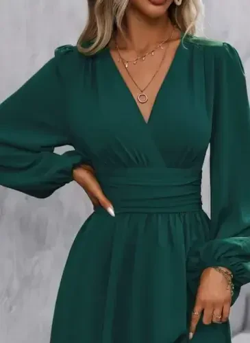 Women's Long Sleeve V-Neck Waist Corset Mini Dress - BÜYÜKBEDENIZ (1)