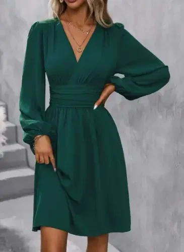 Women's Long Sleeve V-Neck Waist Corset Mini Dress - 4