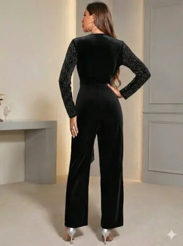 Women's Long Sleeve V-Neck Wrap Belted Shimmery Velvet Jumpsuit - BÜYÜKBEDENIZ (1)