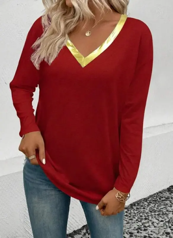 Women's Long Sleeve V Shiny Collar Detailed Viscose Blouse - 2