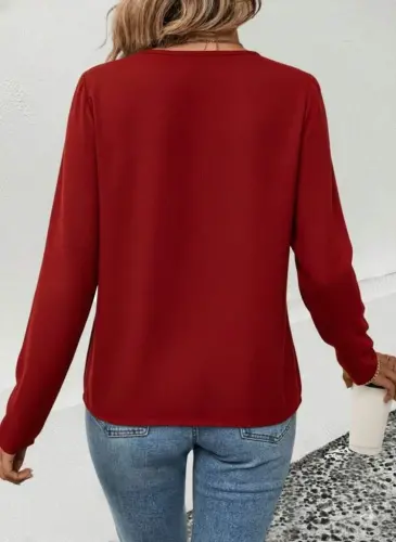 Women's Long Sleeve V Shiny Collar Detailed Viscose Blouse - 3