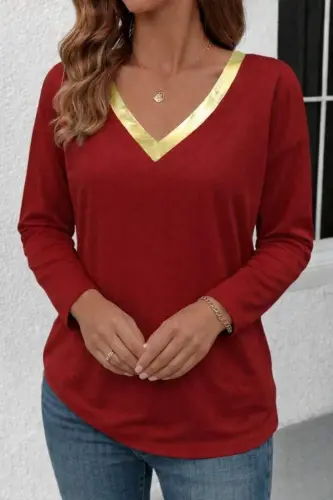 Women's Long Sleeve V Shiny Collar Detailed Viscose Blouse - 1