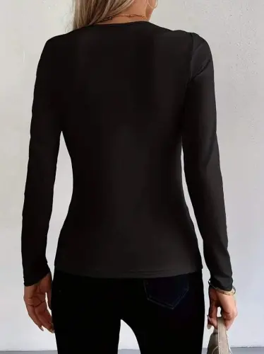 Women's Long Sleeve Viscose Blouse with Ring Detail at the Neckline - 1