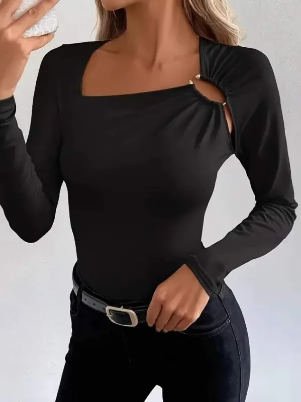 Women's Long Sleeve Viscose Blouse with Ring Detail at the Neckline - 3