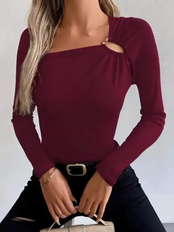 Women's Long Sleeve Viscose Blouse with Ring Detail from Neck - 1