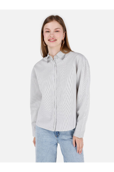 Women's long sleeve, white, striped, regular fit shirt - 1