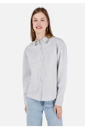 Women's long sleeve, white, striped, regular fit shirt - 1