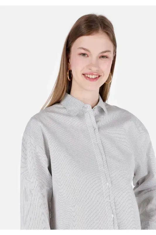 Women's long sleeve, white, striped, regular fit shirt - 4