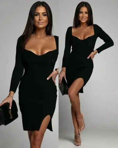 Women's Long Sleeve Wide Collar Slit Detail Mini Size Knitted Dress - 6