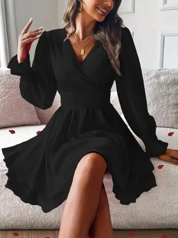 Women's Long Sleeve Wrap Collar Mini Sandy Dress - BÜYÜKBEDENIZ