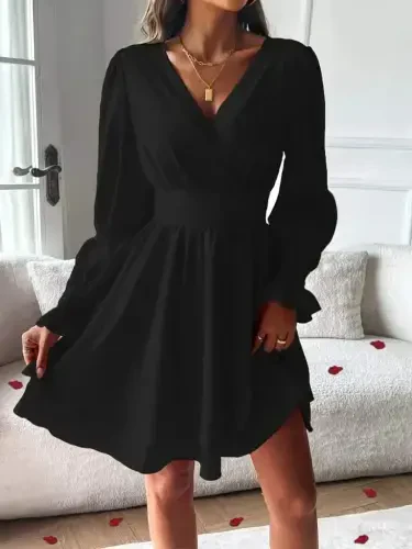 Women's Long Sleeve Wrap Collar Mini Sandy Dress - BÜYÜKBEDENIZ (1)