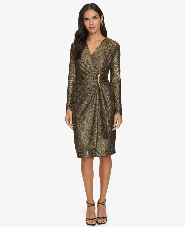 Women's Long-Sleeve Wrap Dress Black Gold - 1