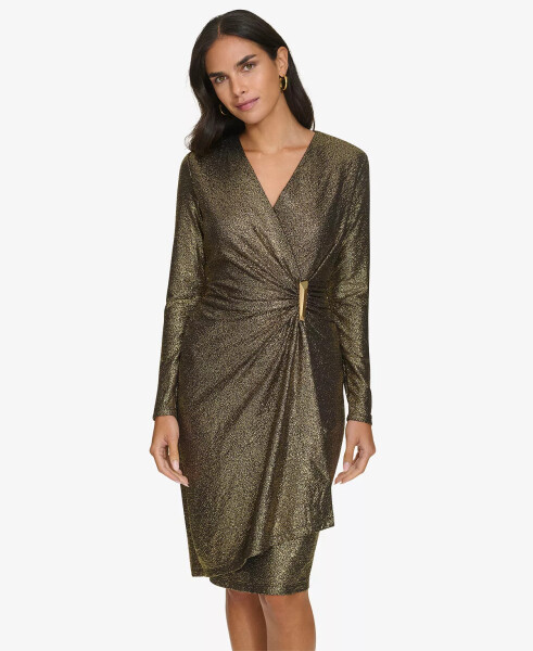 Women's Long-Sleeve Wrap Dress Black Gold - 3