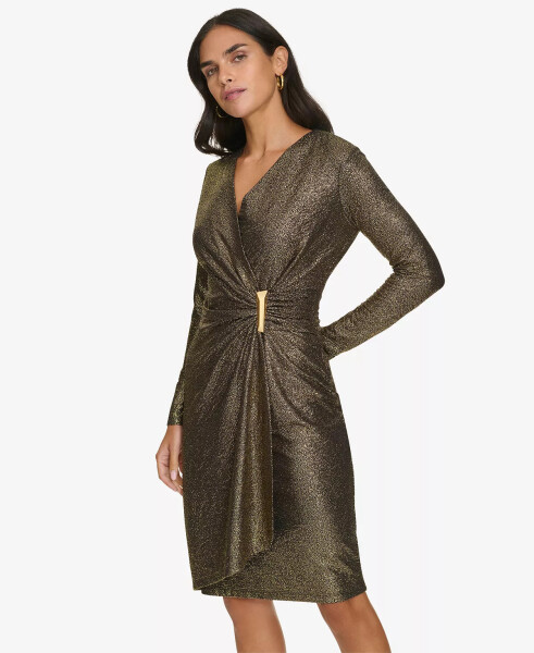 Women's Long-Sleeve Wrap Dress Black Gold - 4