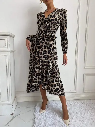 Women's Long Sleeve Wrap Neck Belted Leopard - BÜYÜKBEDENIZ (1)