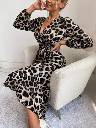 Women's Long Sleeve Wrap Neck Belted Leopard - 4