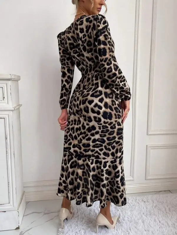 Women's Long Sleeve Wrap Neck Belted Leopard - 5