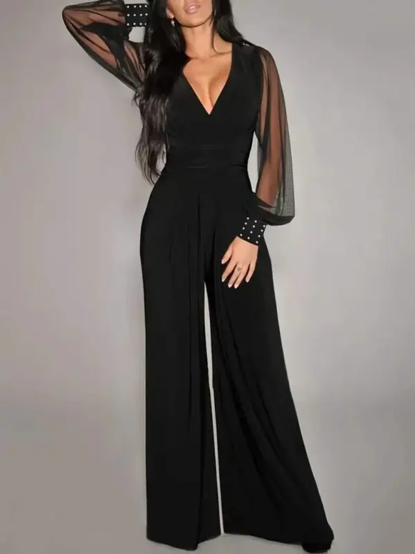 Women's Long Sleeve Wrap Neck Tulle Sleeve Viscose Jumpsuit - 1