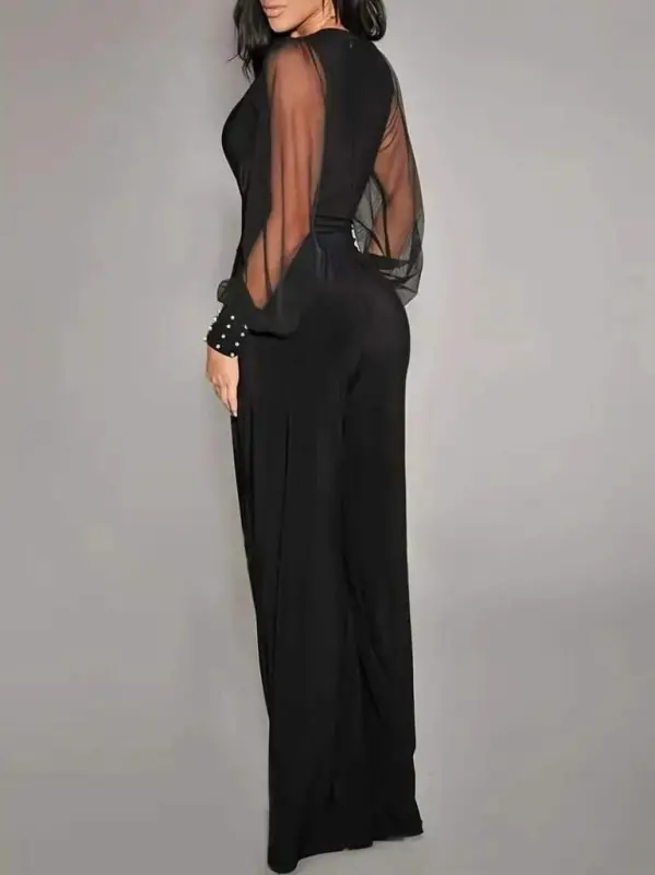 Women's Long Sleeve Wrap Neck Tulle Sleeve Viscose Jumpsuit - 2