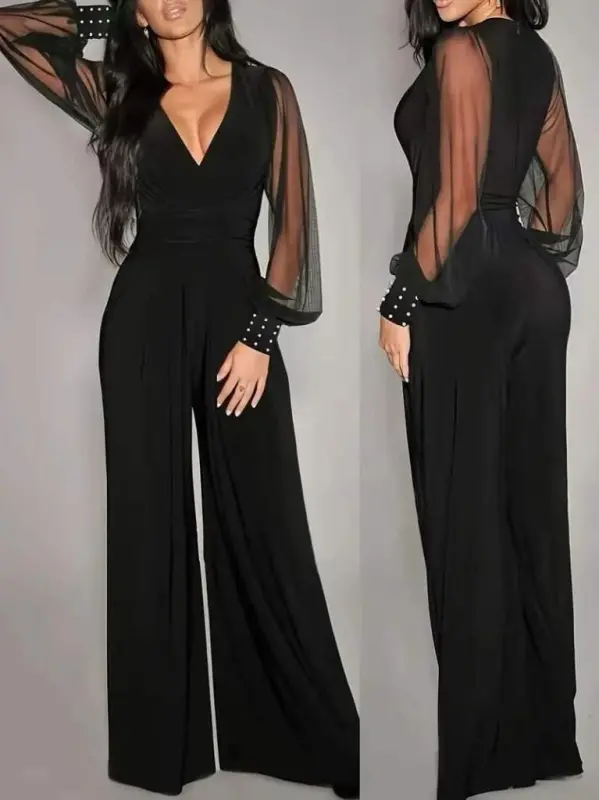 Women's Long Sleeve Wrap Neck Tulle Sleeve Viscose Jumpsuit - 3