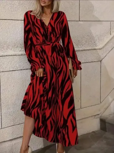 Women's Long Sleeve Wrap V-Neck Belted Zebra Print Supima Maxi Dress - BÜYÜKBEDENIZ (1)