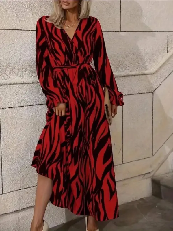 Women's Long Sleeve Wrap V-Neck Belted Zebra Print Supima Maxi Dress - 2