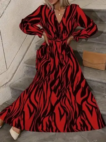 Women's Long Sleeve Wrap V-Neck Belted Zebra Print Supima Maxi Dress - 4