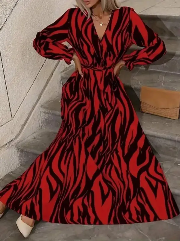 Women's Long Sleeve Wrap V-Neck Belted Zebra Print Supima Maxi Dress - 4