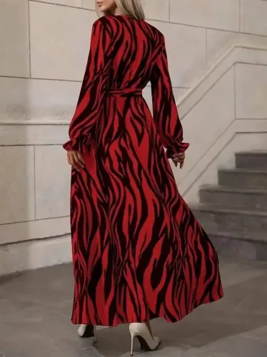 Women's Long Sleeve Wrap V-Neck Belted Zebra Print Supima Maxi Dress - 5