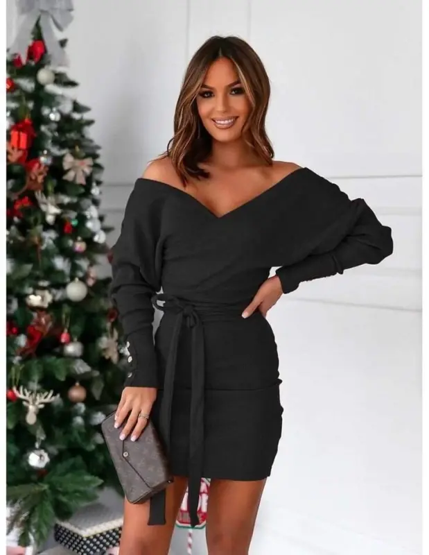 Women's Long Sleeve Wrap V-Neck Lace-Up Detail Acrylic Mini Dress - BÜYÜKBEDENIZ