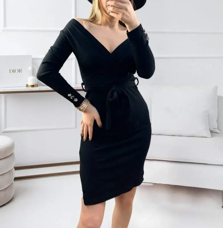 Women's Long Sleeve Wrap V-Neck Lace-Up Detail Acrylic Mini Dress - 8