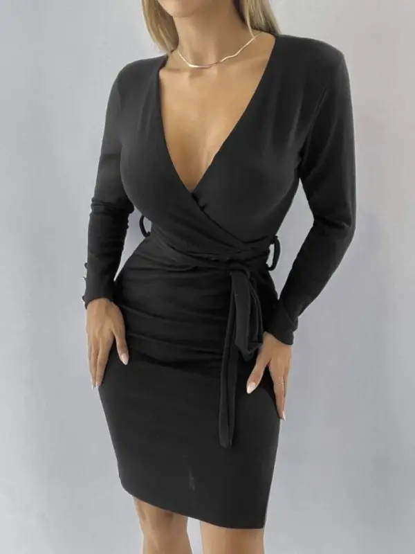 Women's Long Sleeve Wrap V-Neck Lace-Up Detail Acrylic Mini Dress - 11