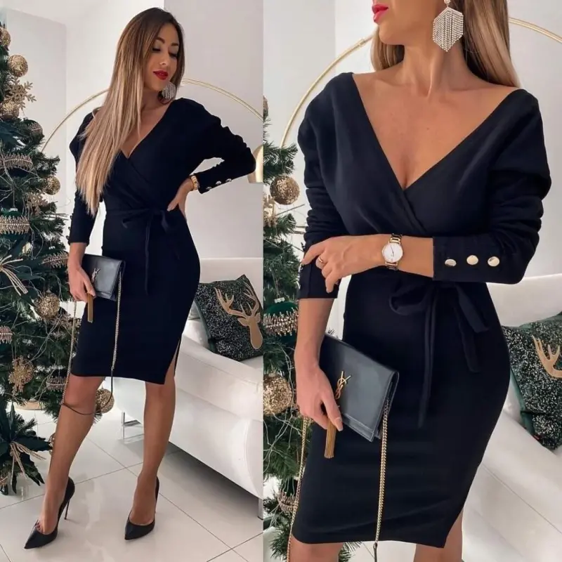 Women's Long Sleeve Wrap V-Neck Lace-Up Detail Acrylic Mini Dress - 12
