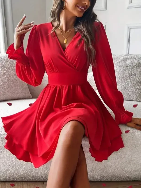 Women's Long Sleeve Wrap V Neck Mini Sandy Dress - 1