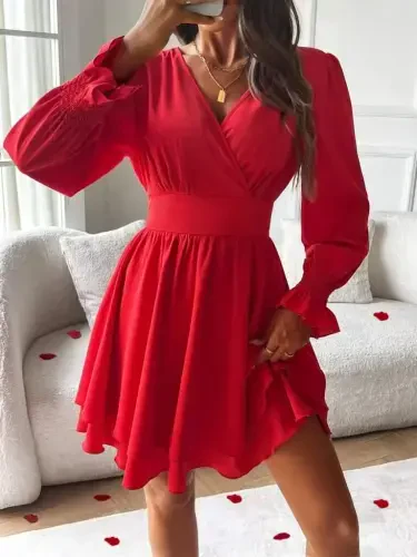 Women's Long Sleeve Wrap V Neck Mini Sandy Dress - 3