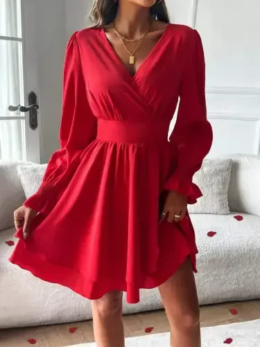 Women's Long Sleeve Wrap V Neck Mini Sandy Dress - 4