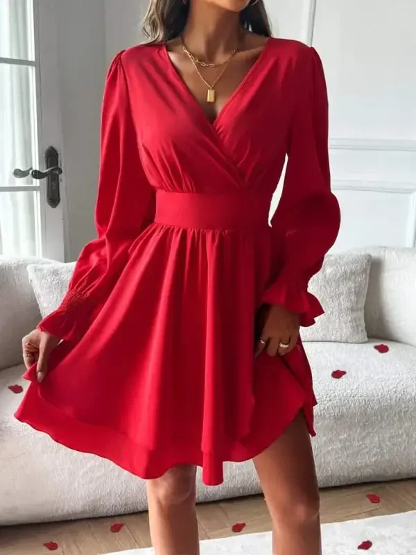 Women's Long Sleeve Wrap V Neck Mini Sandy Dress - 4