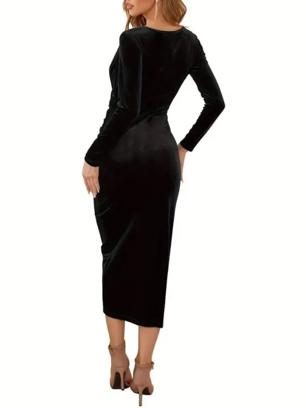 Women's Long Sleeve Wrap V Neck Ruched Waist Detail Midi Velvet Dress - 4
