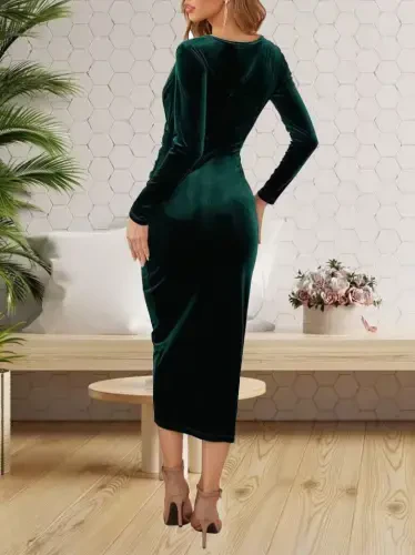 Women's Long Sleeve Wrap V Neck Ruched Waist Detail Midi Velvet Dress - BÜYÜKBEDENIZ (1)