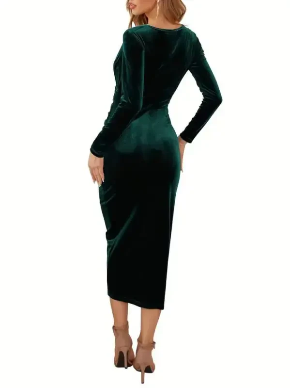 Women's Long Sleeve Wrap V Neck Ruched Waist Detail Midi Velvet Dress - 4