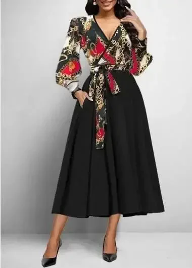 Women's Long Sleeve Wrap V Neck Scuba Crepe Midi Dress - 1