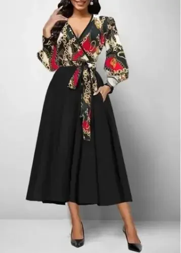 Women's Long Sleeve Wrap V Neck Scuba Crepe Midi Dress - 2