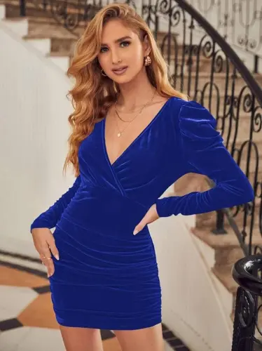Women's Long Sleeve Wrap V-Neck Side Ruched Velvet Dress - 1